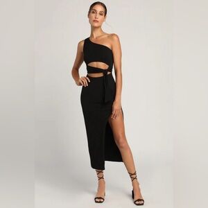 Magnetic Mystique Black One-Shoulder Side-Tie Cutout Midi Dress